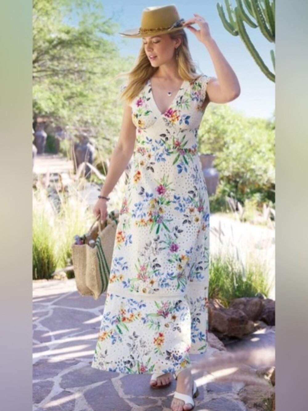 Sundance Chamarillo White Multicolor Floral Cotton Embroidered Eyelet Dress